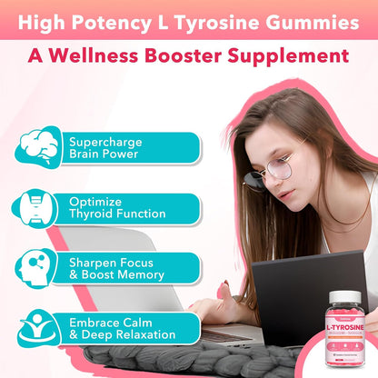 Zetelixia L-Tyrosine Gummies 2-Pack - 10-in-1 Food Supplement with L-Theanine, B6, D3, Ashwagandha - Strawberry Flavour (120 Count)