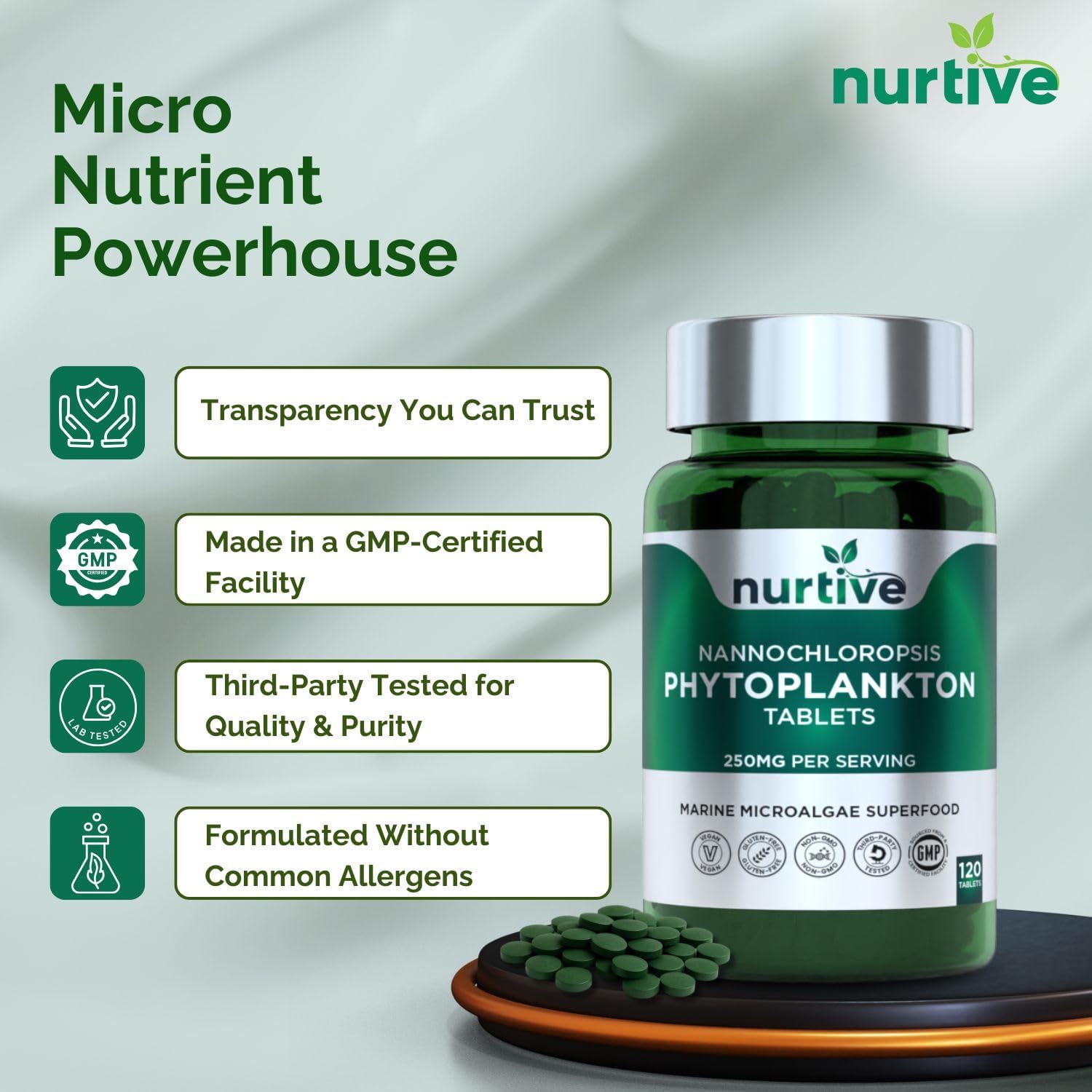NURTIVE Nannochloropsis Phytoplankton Tablets – 250mg, 120 Tablets - görsel 4