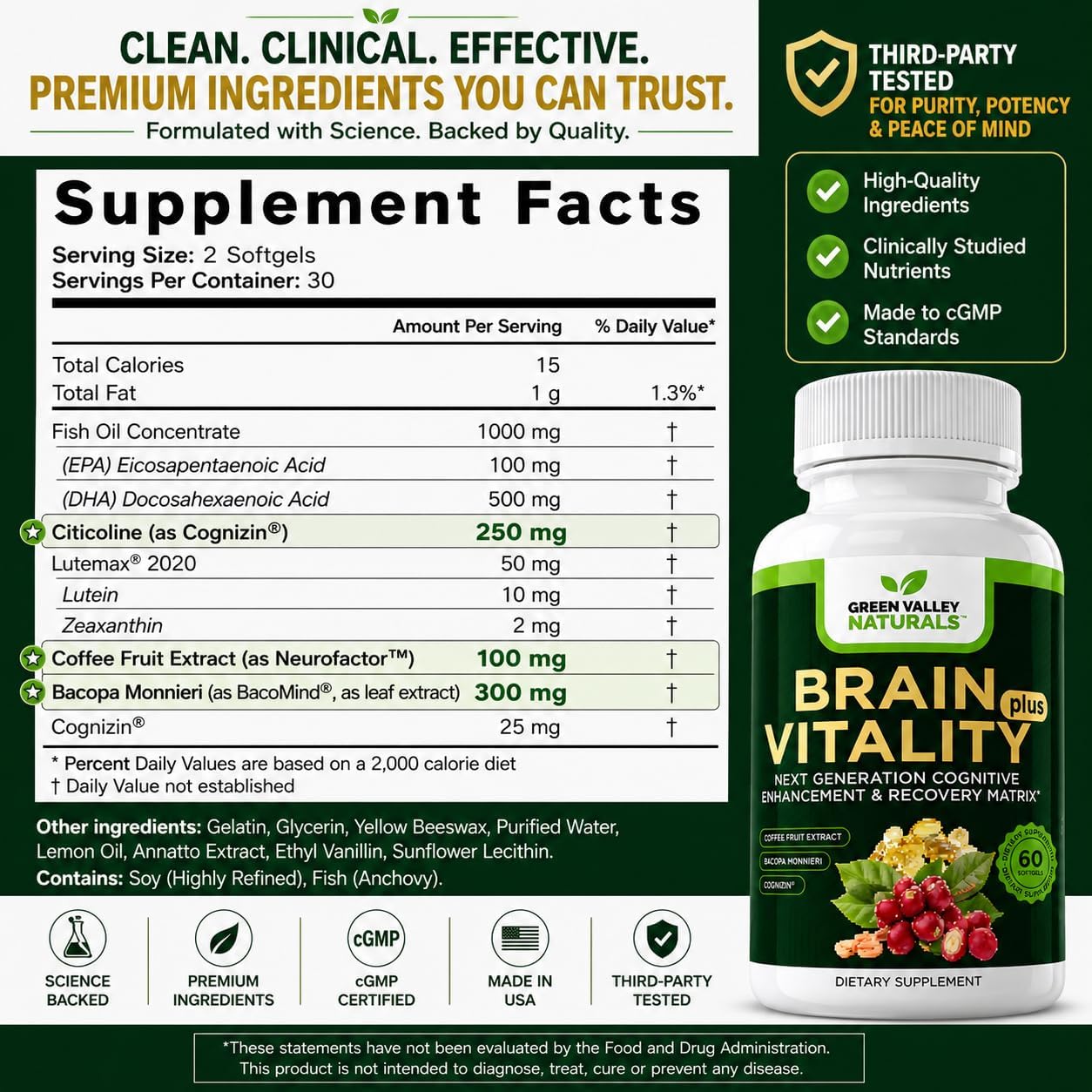 GREEN VALLEY NATURALS Brain Vitality Plus – Brain Health & Cognitive Support with Cognizin Citicoline, Bacopa Monnieri & DHA Omega-3 (60 Soft gel capsules) - görsel 6
