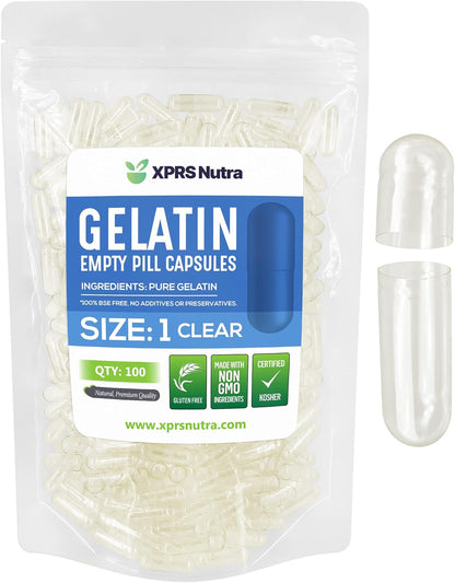 XPRS Nutra Size 1 Empty Gelatine Capsules – 100 Capsules Clear Capsules for DIY Supplement Filling