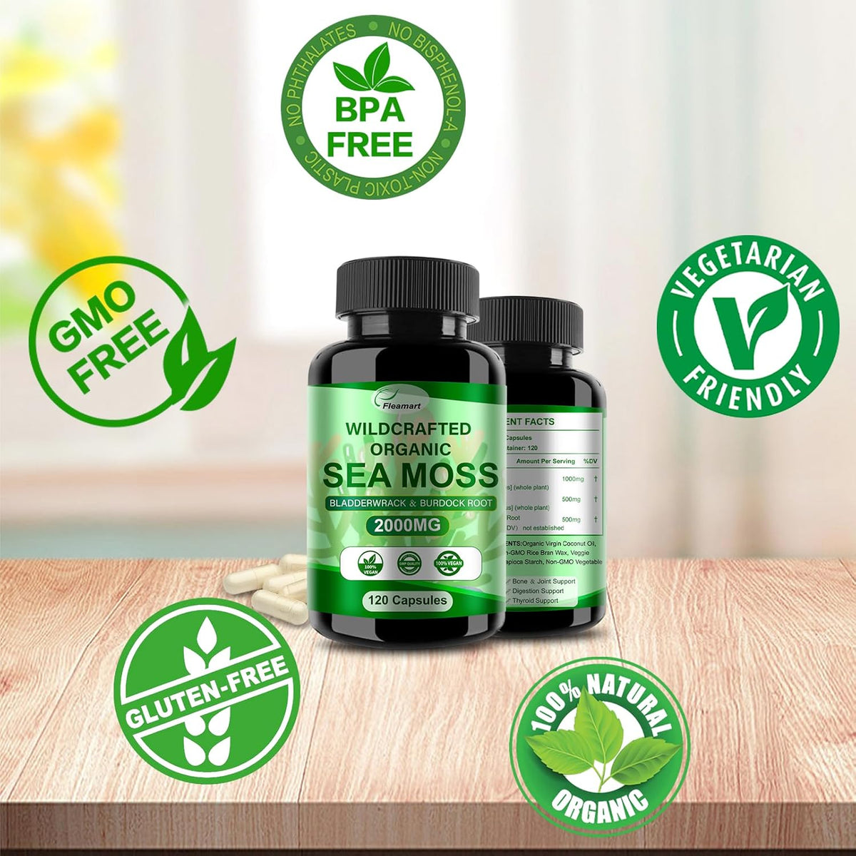 Irish Sea Moss Capsules 120ct - Raw Wildcrafted Sea Moss with Bladderwrack and Burdock Root - görsel 2