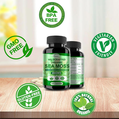 Irish Sea Moss Capsules 120ct - Raw Wildcrafted Sea Moss with Bladderwrack and Burdock Root
