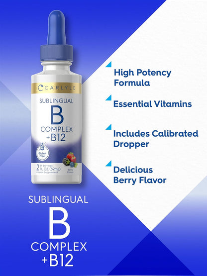 Carlyle Vitamin B Complex Sublingual | 60 ml | Liquid Drops | with B12 | Berry Flavour | Vegetarian, Non-GMO & Gluten-free Supplement
