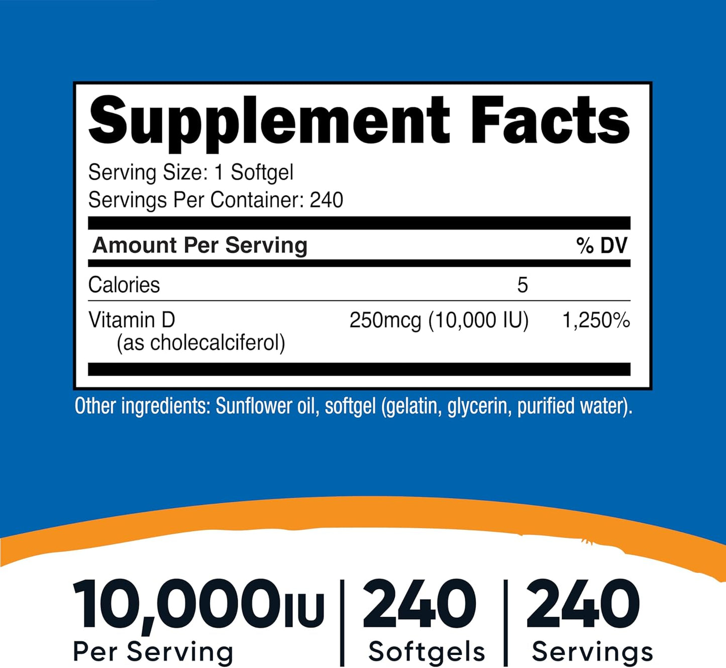 Nutricost Vitamin D3 10,000 IU, 240 Soft gel capsule Capsules – Potent, Non-GM, Gluten-free Vitamin D - görsel 2