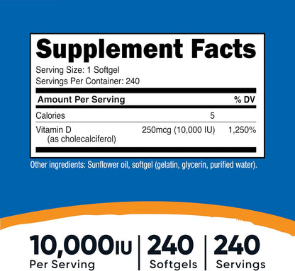 Nutricost Vitamin D3 10,000 IU - 240 Softgels (Pack of 2)