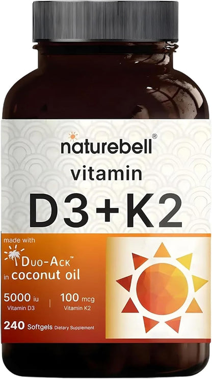 NatureBell Vitamin D3 K2 Supplement - 5000 IU D3 & 100mcg K2 MK-7 with Coconut Oil - 240 Softgels