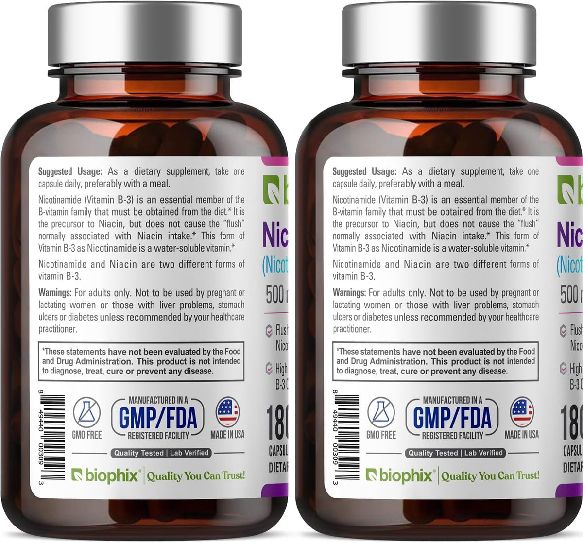 biophix B-3 Nicotinamide 500 mg 180 Capsules (2 Pack) – Flush-Free Niacin – Supports Skin Cell Health - görsel 9