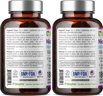 biophix B-3 Nicotinamide 500 mg 180 Capsules (2 Pack) – Flush-Free Niacin – Supports Skin Cell Health