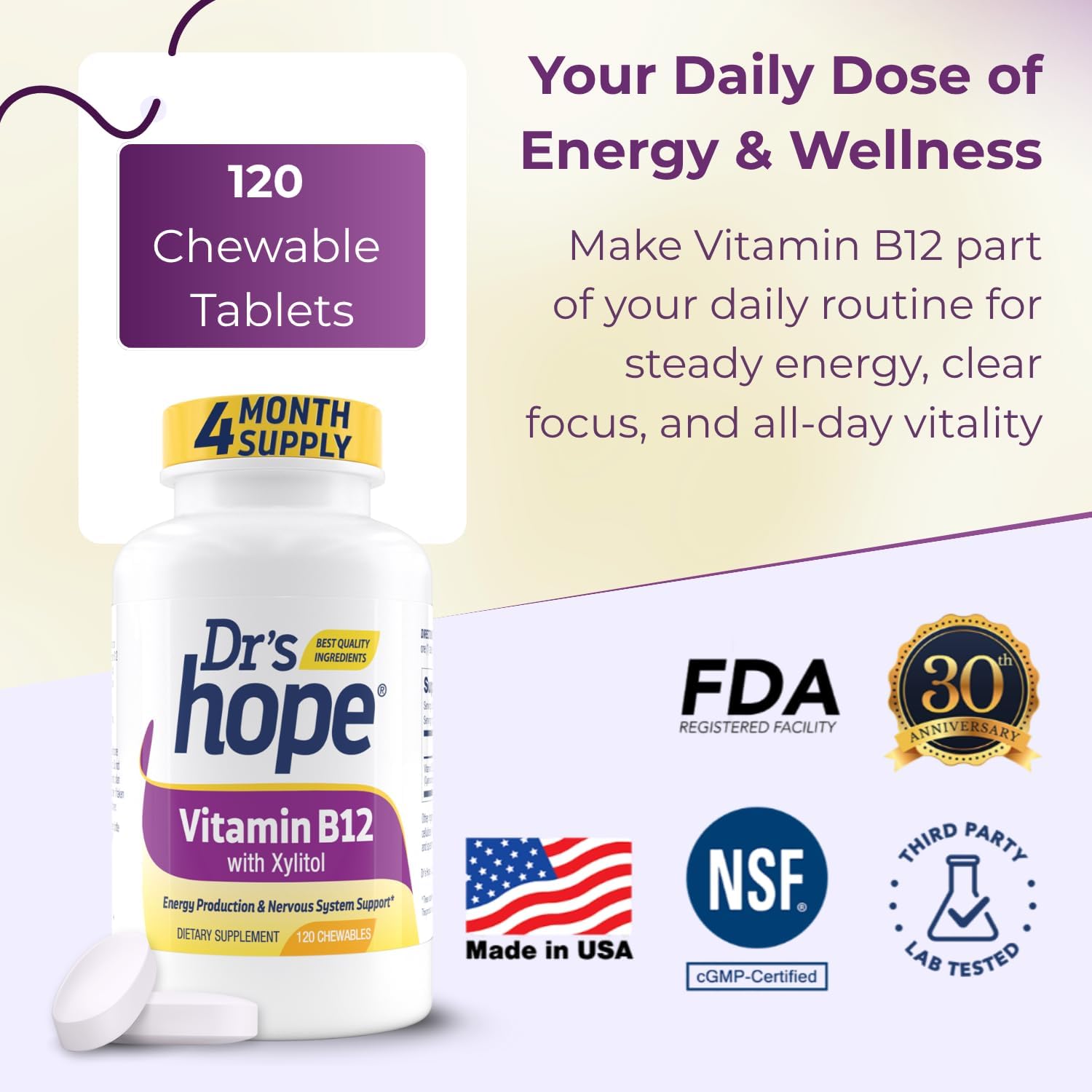 Dr's Hope Vitamin B12 1000 mcg Chewable Tablets, 120 Tablets – 4-Month Supply - görsel 4