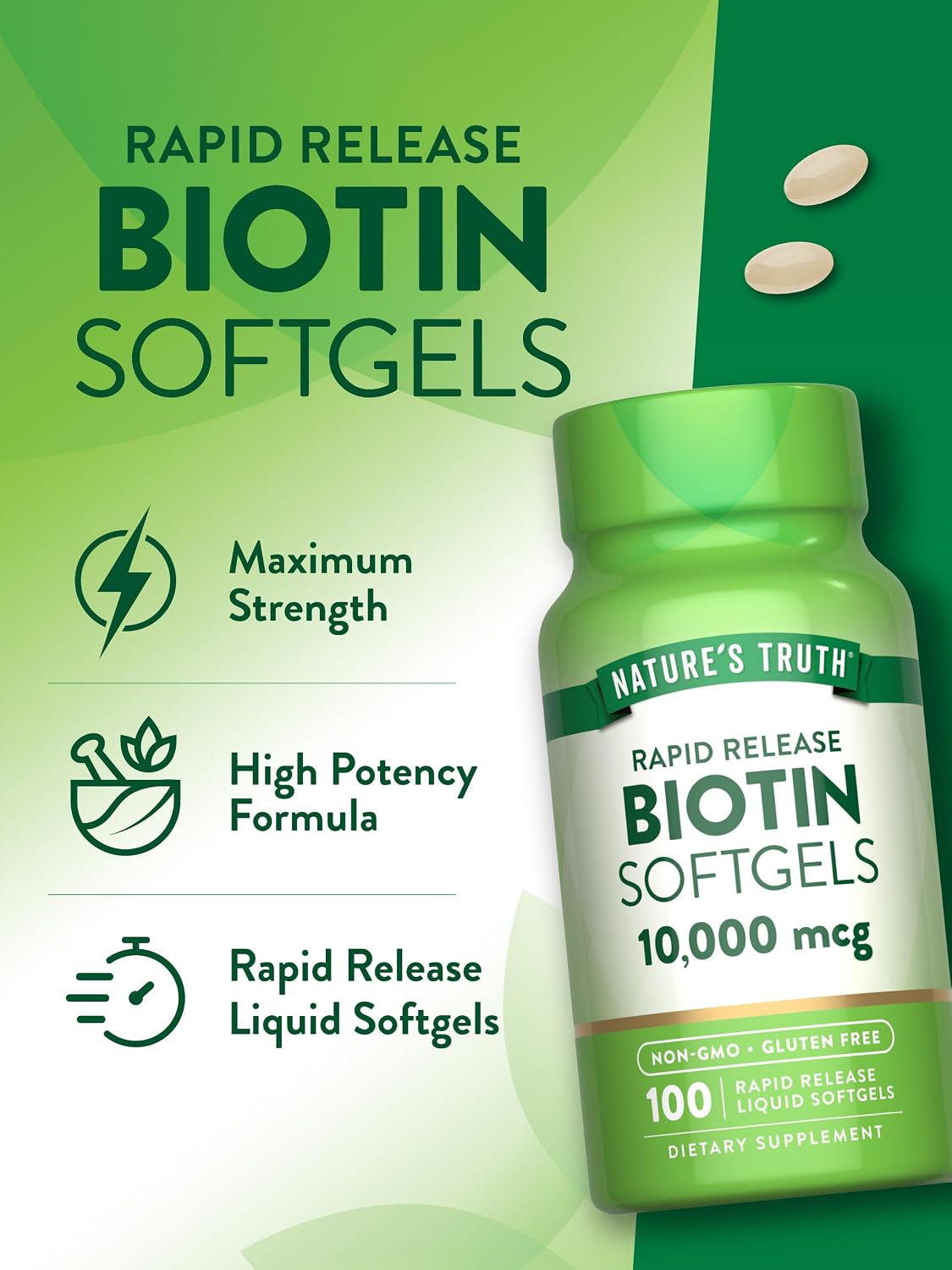 Nature's Truth Biotin 10,000mcg Rapid Release Softgels - 100 Count - görsel 5