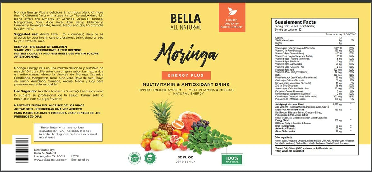 Bella All Natural Moringa Juice Energy Plus - Multivitamin and Antioxidant Drink (32 oz) - görsel 8