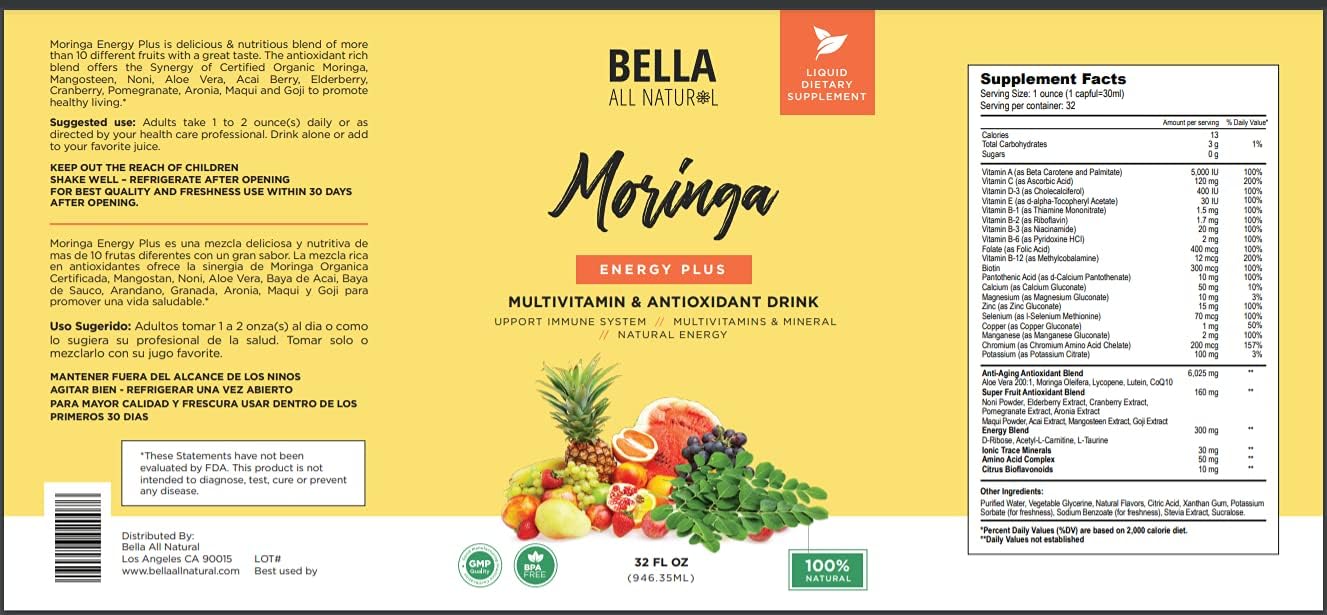 Bella All Natural Moringa Juice Energy Plus - Multivitamin and Antioxidant Drink (32 oz) - görsel 8