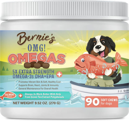 Bernie's OMG! Omegas Chews for Dogs - 5X Extra Strength DHA+EPA Fish Oil, Healthy Skin & Coat, Allergy Relief, Joint Support (Salmon Flavour)