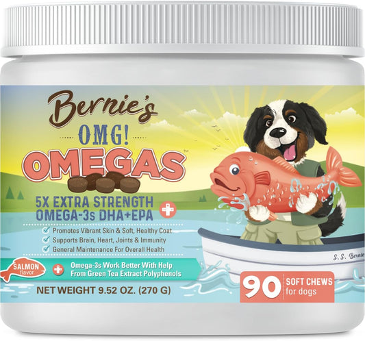 Bernie's OMG! Omegas Chews for Dogs - 5X Extra Strength DHA+EPA Fish Oil, Healthy Skin & Coat, Allergy Relief, Joint Support (Salmon Flavour)