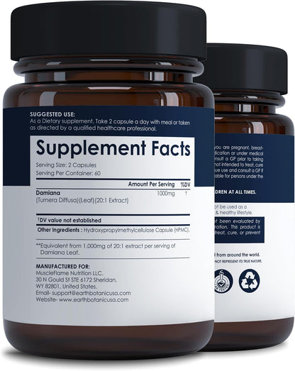 Earth Botanic Organic Damiana Capsules 1000 mg – Damiana Leaf Extract 20:1 Concentrated Herbal Supplement – 120 Veg Capsules