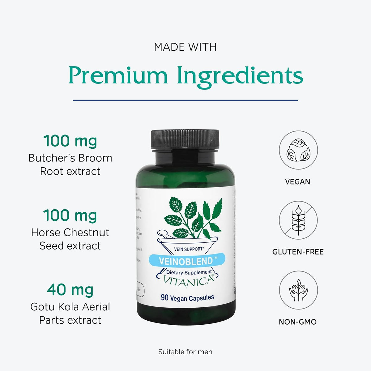 Vitanica VeinoBlend - Circulation Support for Healthy Blood Flow, Vein and Capillary Function - Vegan - 90 Capsules - görsel 4