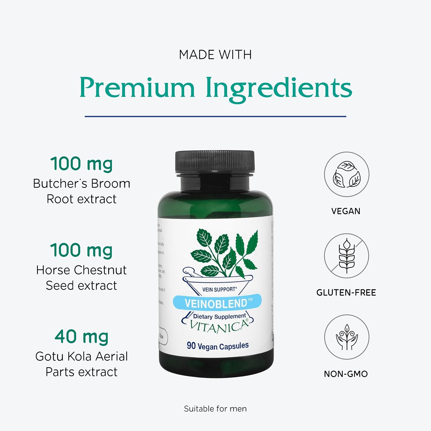 Vitanica VeinoBlend - Circulation Support for Healthy Blood Flow, Vein and Capillary Function - Vegan - 90 Capsules - görsel 4