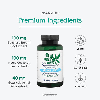 Vitanica VeinoBlend - Circulation Support for Healthy Blood Flow, Vein and Capillary Function - Vegan - 90 Capsules