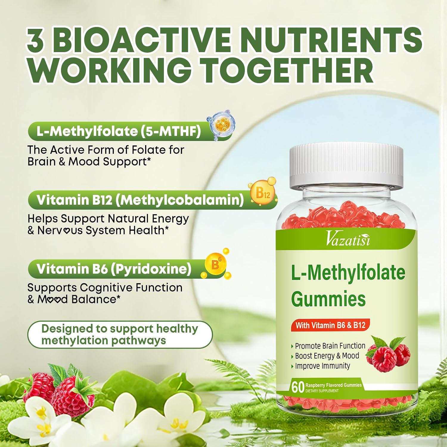Vazatisi L-Methylfolate 15 mg Gummies with Methyl B12, Folate Supplement for Mood and Brain Health, Raspberry Flavour, 60 Count - görsel 2