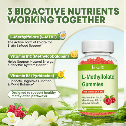 Vazatisi L-Methylfolate 15 mg Gummies with Methyl B12, Folate Supplement for Mood and Brain Health, Raspberry Flavour, 60 Count
