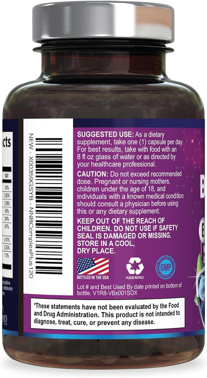 B Complex Vitamins Capsules - Super Complete B-100 Complex with Vitamin B12, B6, C, Biotin, Folate & Folic Acid for Immune & Energy Support - Food Supplement for Heart, Brain & Nerve Support - 120 Capsules
