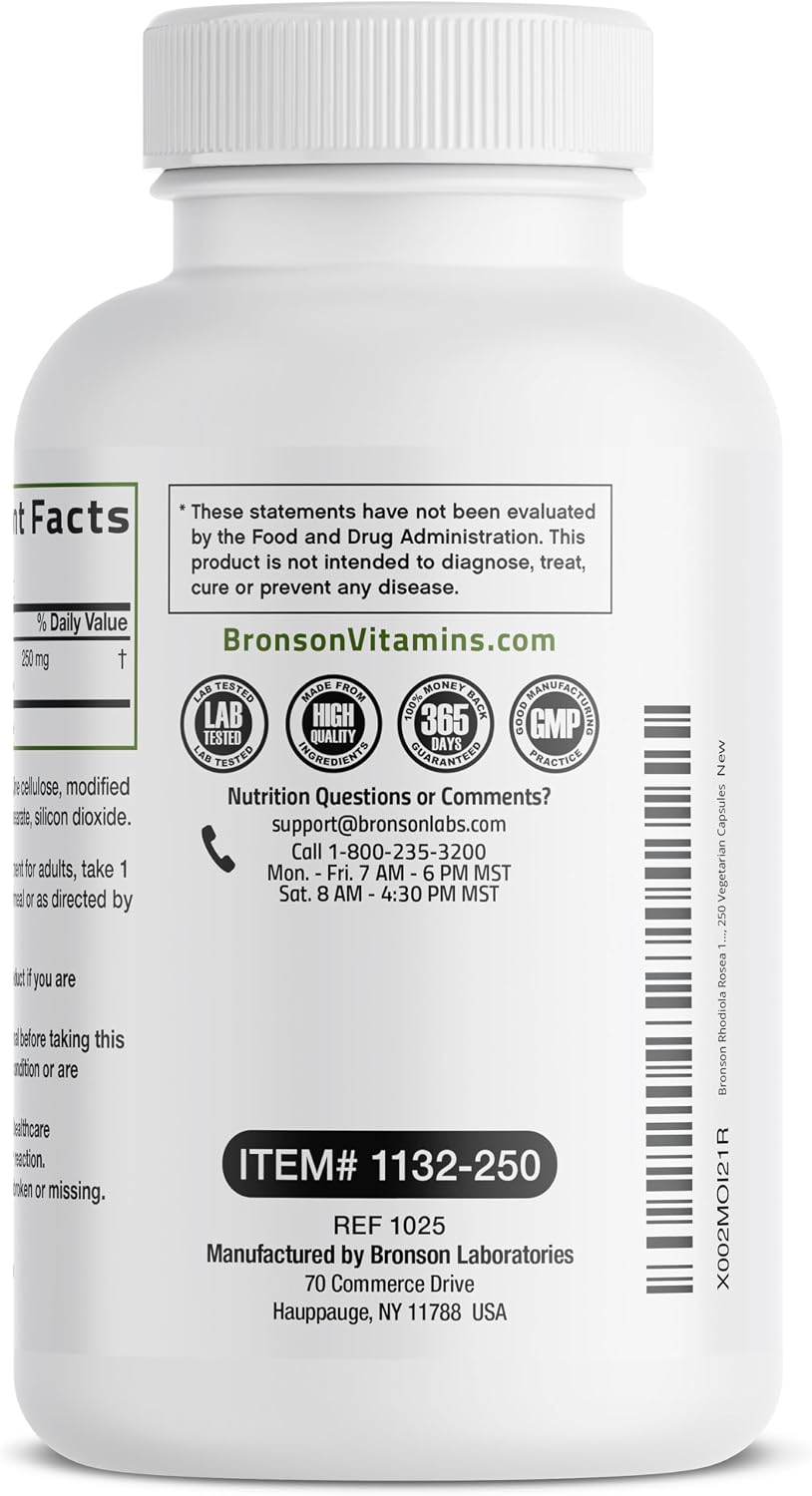 Bronson Rhodiola Rosea Vegetarian Capsules - Adaptogenic Herb for Stress and Mood Support, Non-GMO, 250 Capsules - görsel 3