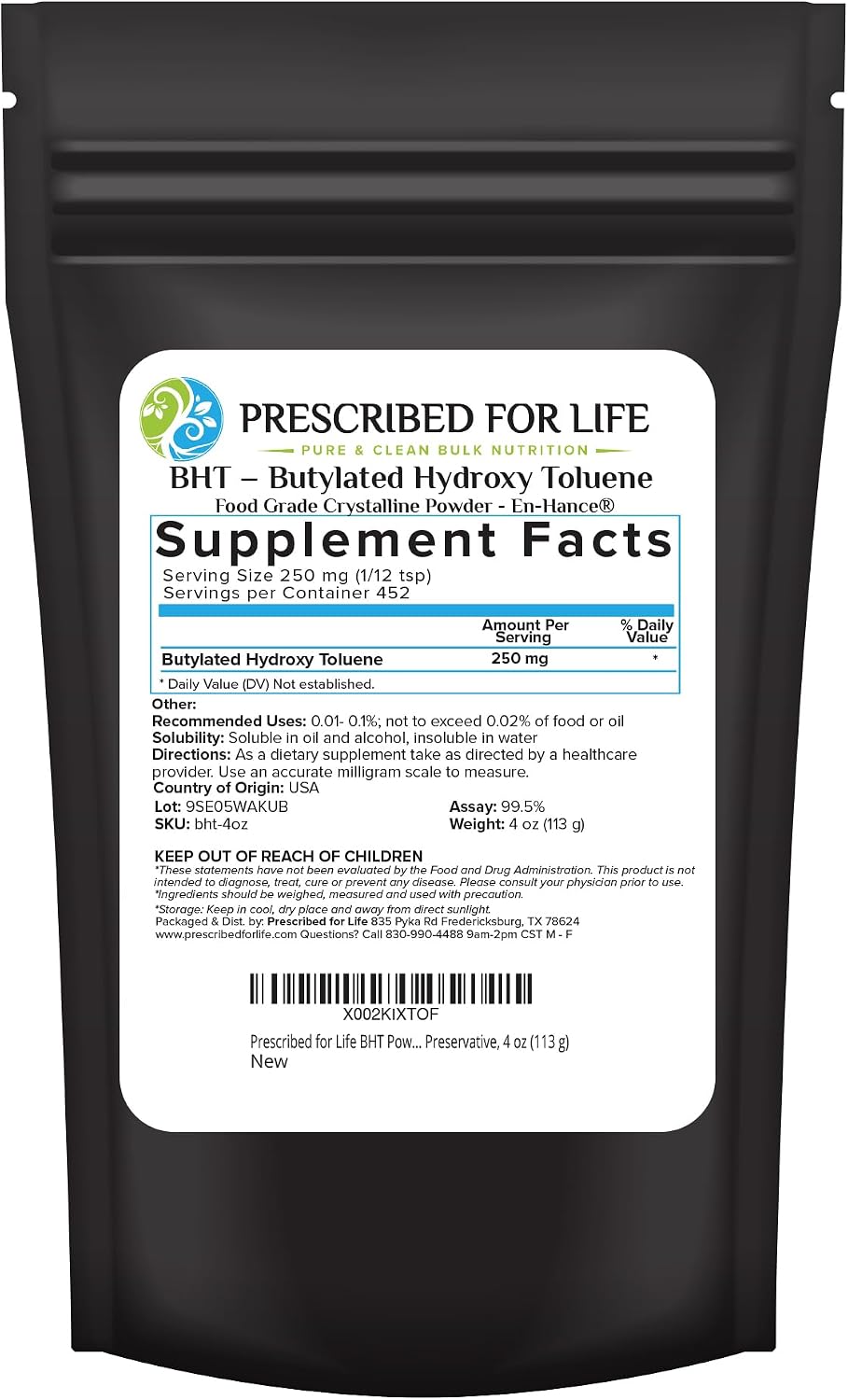 Prescribed For Life BHT Powder - Pure Butylated Hydroxytoluene, Vegan, Gluten-free, Non GMO (113 g) - görsel 1