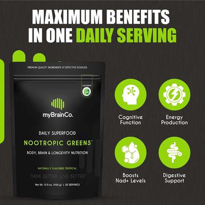 myBrainCo. Nootropic Greens - All-in-One Body, Brain & Longevity Supplement with Organic Greens, Alpha-GPC, Lion's Mane & More (225 g)
