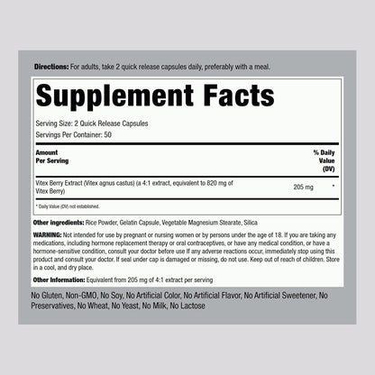 Piping Rock Vitex Chasteberry, 100 Capsules, Women's Supplement