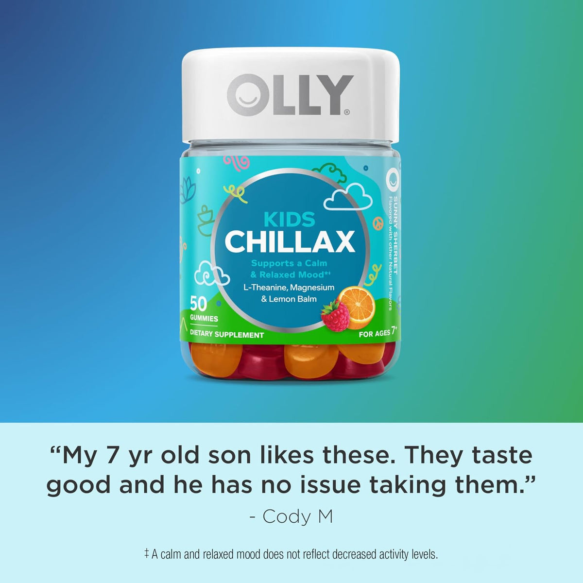 OLLY Kids Chillax Gummy - Magnesium, L-Theanine & Lemon Balm - Calm Mood Support - Sherbet Flavoured - 50 Gummies – Image 5