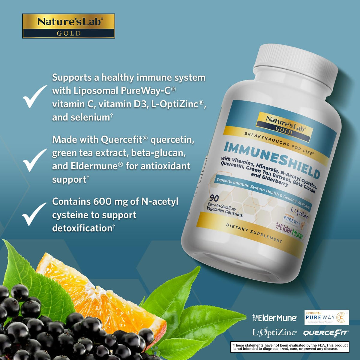 Nature's Lab Gold ImmuneShield – Liposomal Vitamin C, D3, Zinc, Quercetin & Elderberry – 90 Capsules - görsel 2