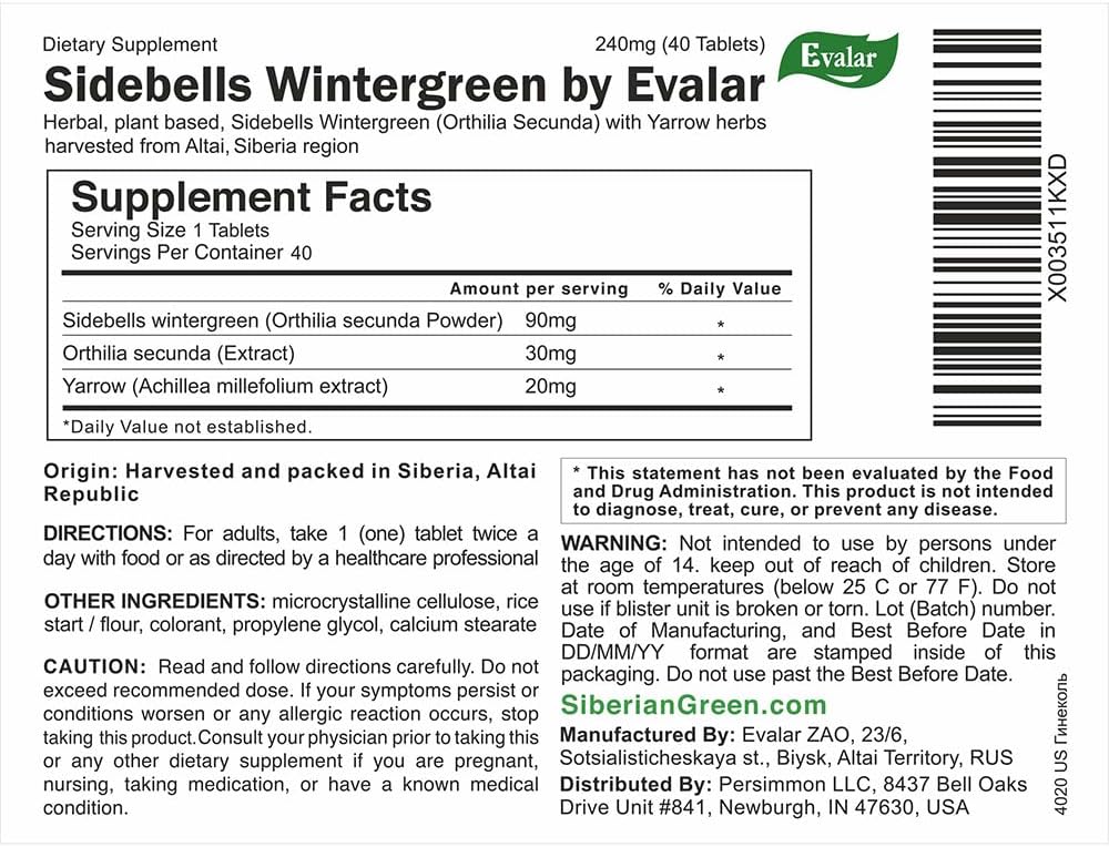 Evalar Orthilia Secunda Sidebells Wintergreen Yarrow Herb Supplement – 40 Tablets - görsel 2