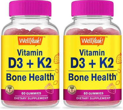 WellYeah Vitamin D3 + K2 Gummies - 1000 IU (25 mcg) D3, 100 mcg K2 (MK-7) - Bone and Muscle Wellness - 60 Gummies