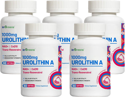 inGreens Urolithin A 1000mg with NAD+ 300mg, CoQ10 200mg and Trans-Resveratrol 200mg Food Supplement (5-Pack)
