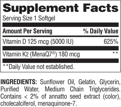 Nature's Wonder Vitamin K2 + D3 with MenaQ7 for Cardiovascular, Brain, Bone and Muscle Health, 120 Soft gel capsules, 120 Day Supply