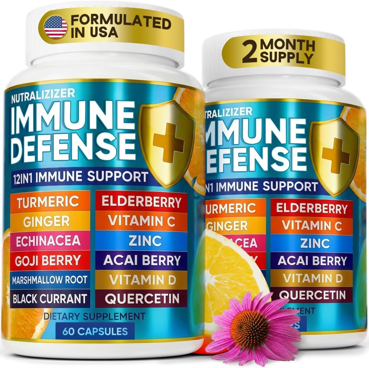 12 in 1 Immune Support Supplement - Immune Defence Vitamins with Elderberry, Vitamin D3, C, Zinc, Echinacea, Ginger - Natural Immunity Booster - 120 Capsules - görsel 1