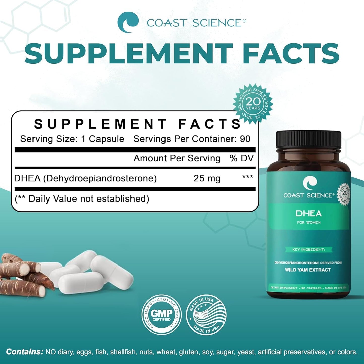 Coast Science DHEA Supplement for Women – 25mg Dehydroepiandrosterone with Wild Yam Extract – for Endocrine Balance, Neural, Skin & Bone Health – 90 Capsules - görsel 5