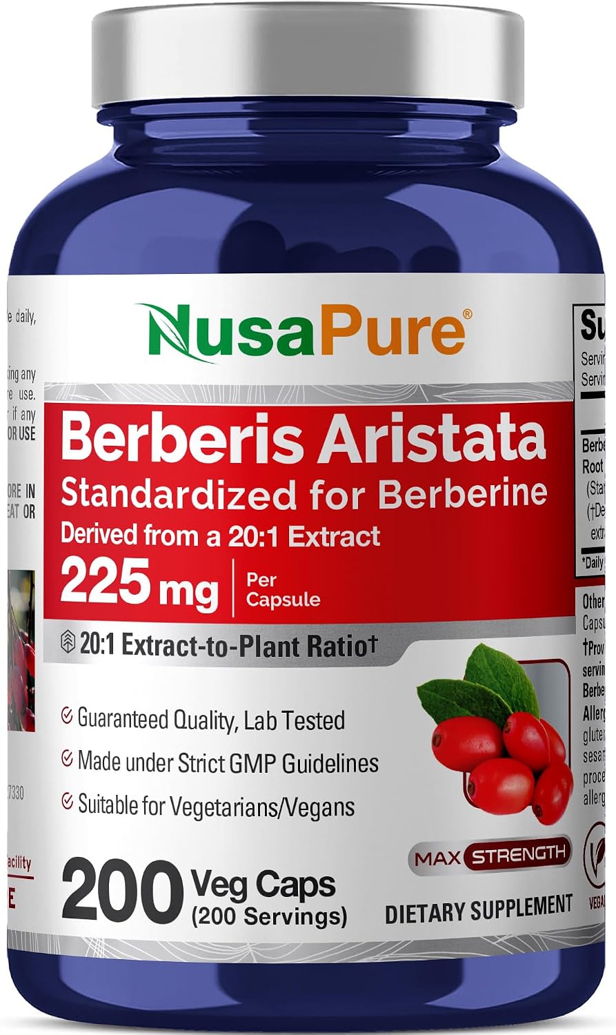 NusaPure Berberine HCl Capsules, 225 mg, 200 Veg Capsules (Non-GMO, Vegan) - görsel 1