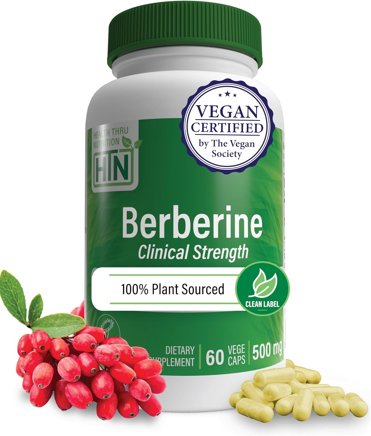 Health Thru Nutrition Berberine HCl 500mg – Clinical-Strength Supplement, Vegan, Non-GMO, 60 Capsules - görsel 1