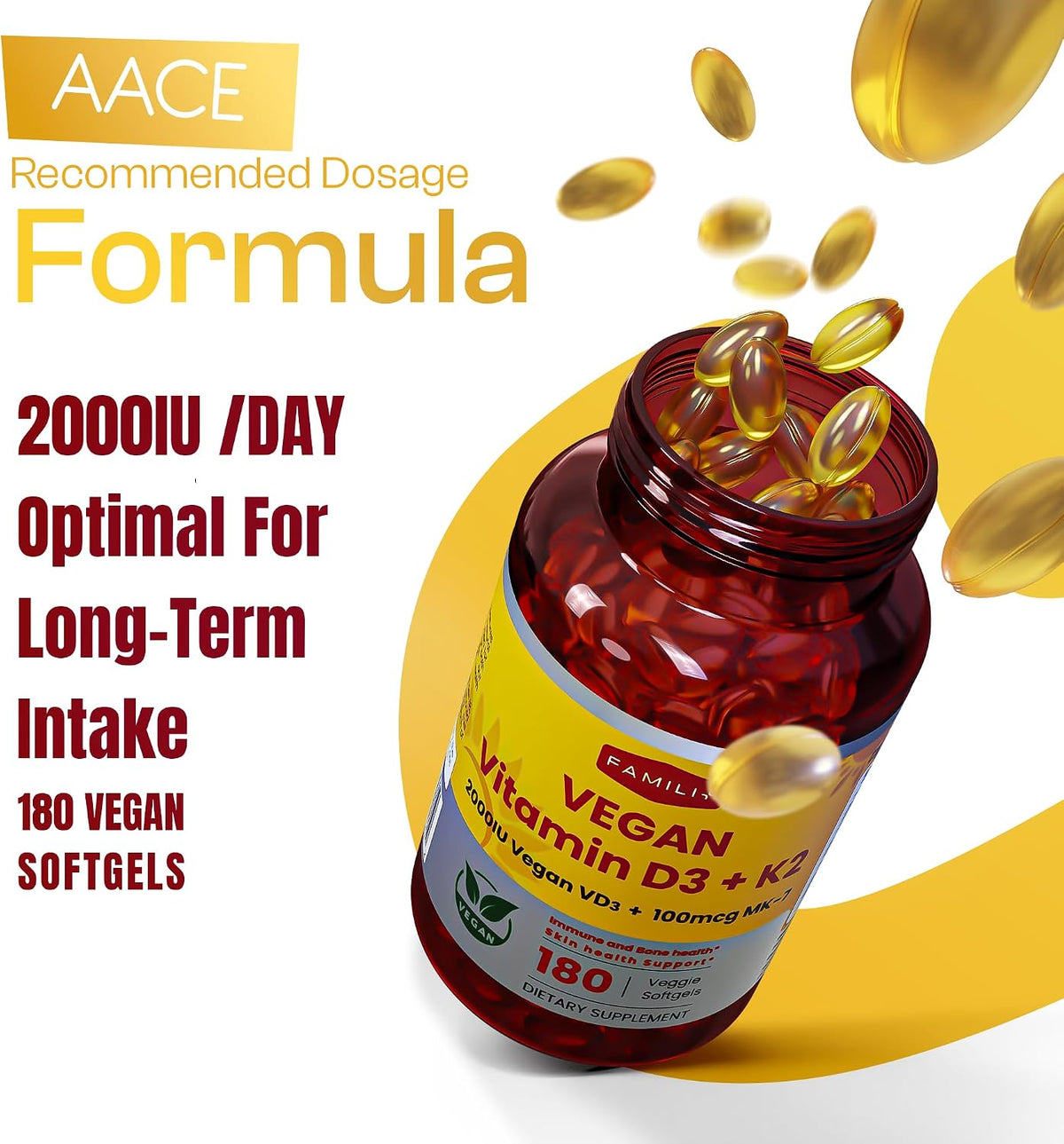 FAMILI+ Vegan Vitamin D3+K2 Soft gel capsule with Coconut MCT Oil – 2000 IU D3 + 100 mcg K2 MK-7, 180 Capsules – Image 3