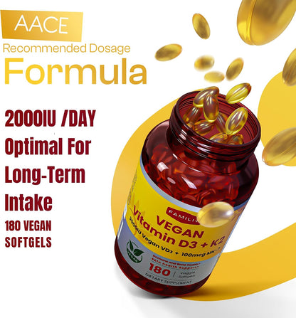 FAMILI+ Vegan Vitamin D3+K2 Soft gel capsule with Coconut MCT Oil – 2000 IU D3 + 100 mcg K2 MK-7, 180 Capsules – Image 3