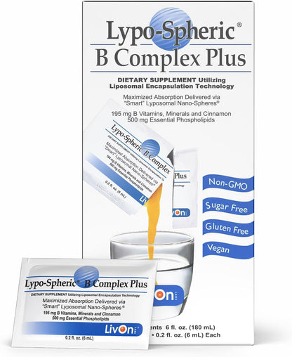 LivOn Laboratories Lypo-Spheric B Complex Plus – 30 Sachets – Liposome Encapsulated B Vitamins with Minerals & Cinnamon