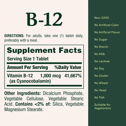 Nature's Bounty Vitamin B12 1000 mcg, Supports Energy Metabolism, 200 Tablets