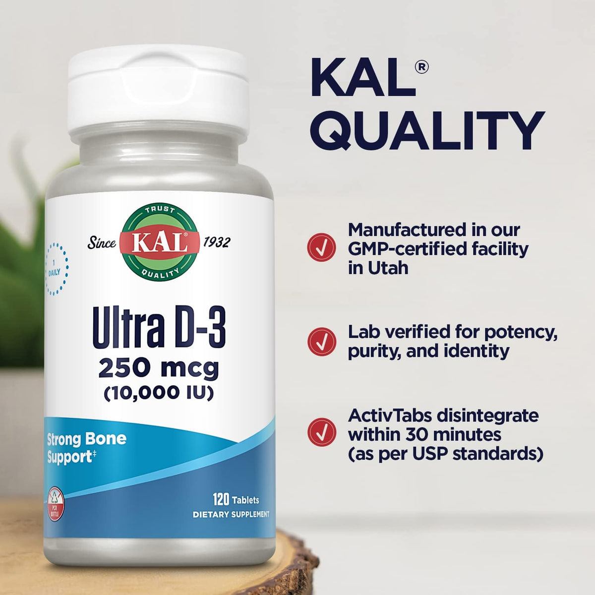 KAL Ultra Vitamin D3 10,000 IU (250 µg) - High Potency Vitamin D Tablets, Bone Health & Immune Support, 120 Rapid Disintegration ActivTabs - görsel 5