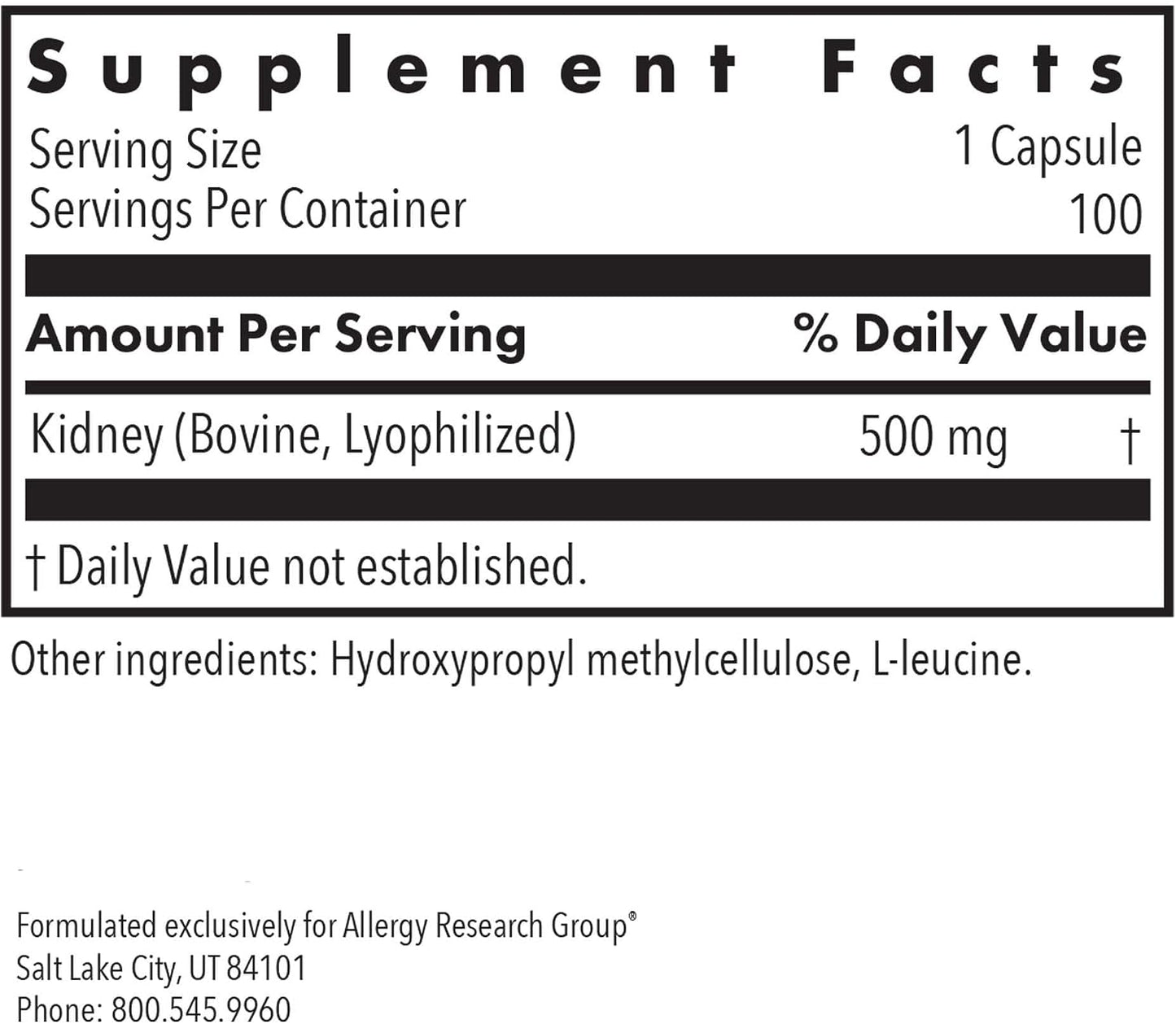 Allergy Research Group ARG Kidney Beef – Kidney Glandular Supplement – Freeze-Dried Organ Extract – Renal & Fluid Balance Support – Lyophilised Formula – Hypoallergenic – 100 Capsules (50 Servings) - görsel 2