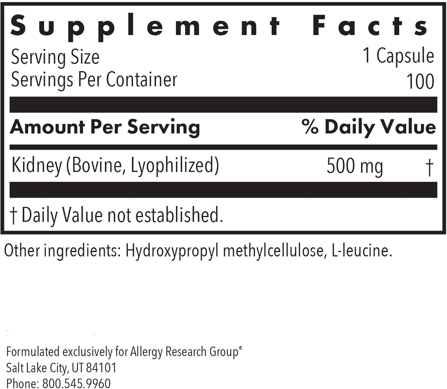 Allergy Research Group ARG Kidney Beef – Kidney Glandular Supplement – Freeze-Dried Organ Extract – Renal & Fluid Balance Support – Lyophilised Formula – Hypoallergenic – 100 Capsules (50 Servings) - görsel 2