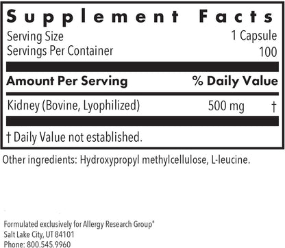 Allergy Research Group ARG Kidney Beef – Kidney Glandular Supplement – Freeze-Dried Organ Extract – Renal & Fluid Balance Support – Lyophilised Formula – Hypoallergenic – 100 Capsules (50 Servings)