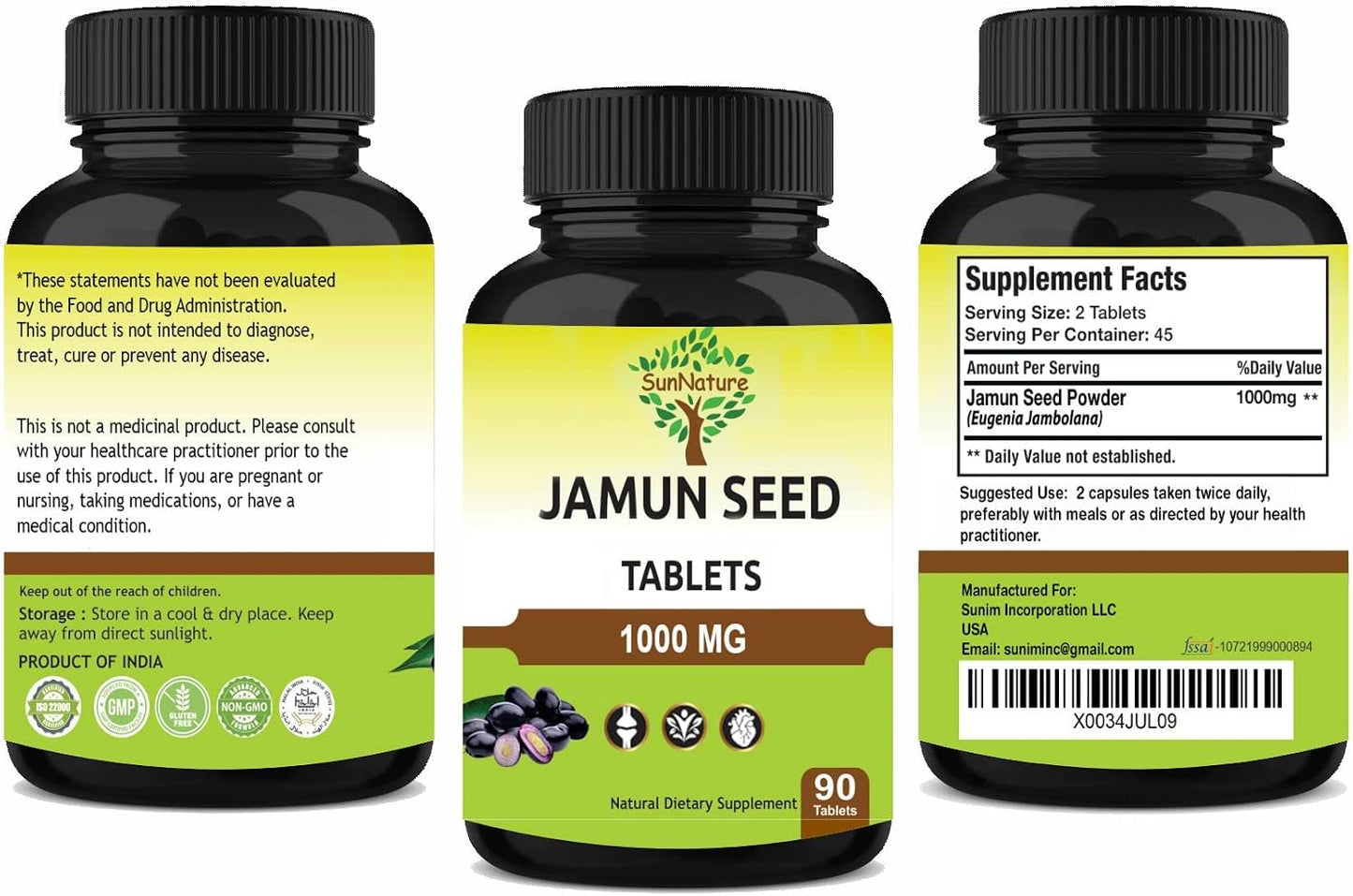 Jamun Seed Tablets by SunNature | 90 Tablets, 1000 mg | Vegan Blackberry Seed Supplement - görsel 1