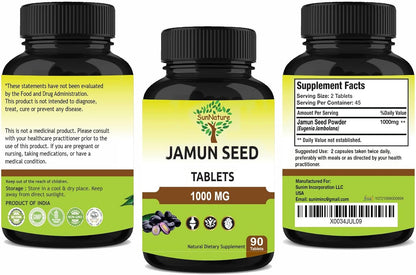 Jamun Seed Tablets by SunNature | 90 Tablets, 1000 mg | Vegan Blackberry Seed Supplement