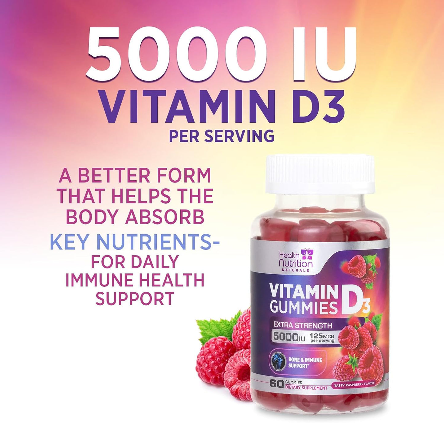 Vitamin D3 Gummies 125 µg (5000 IU) Per Serving - Triple Strength Immune & Bone Support, Vitamin D Gummy Food Supplement, Nature's Berry D Vitamin Supplement, Raspberry Flavoured - 60 Gummies - görsel 7